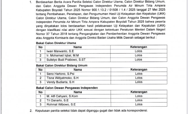 Pengumuman UKK Calon Direksi dan Dewas PUDAM 2025