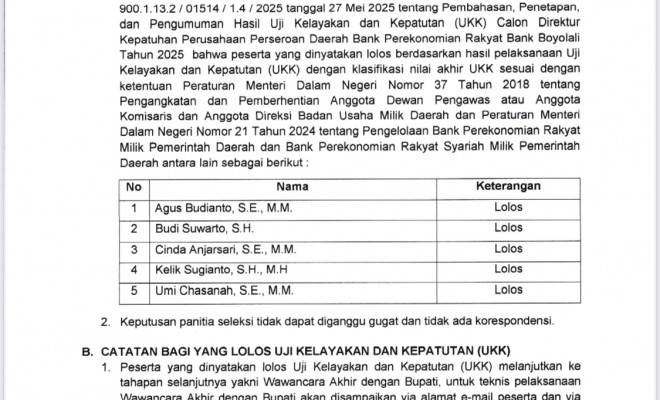 Pengumuman UKK Calon Ditektur Kepatuhan Bank Boyolali