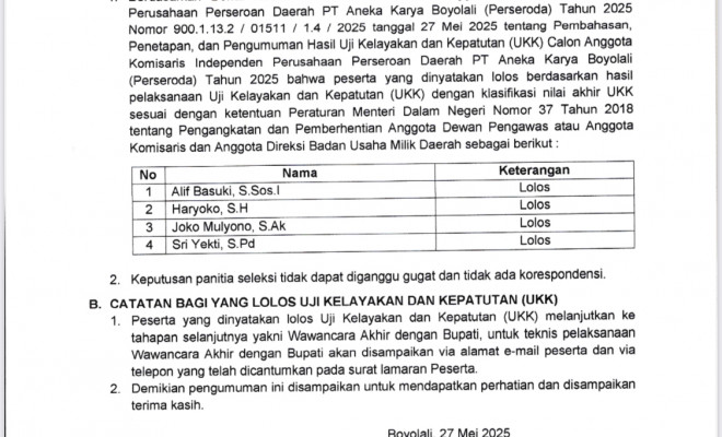 Pengumuman UKK Calon Komisaris Independent PD.Aneka Karya